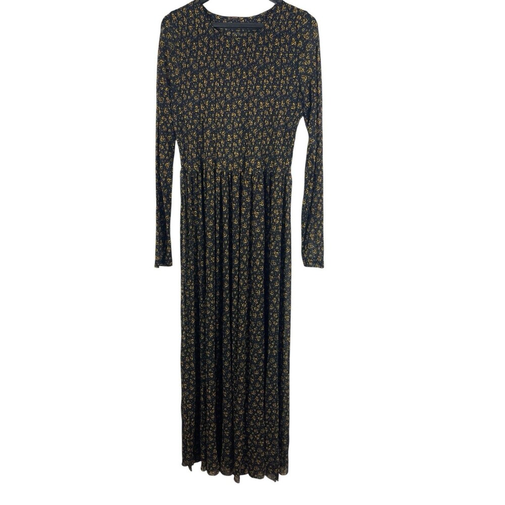 Free People Maxi Dress Small Sheer Mesh Black Yellow Floral Long Sleeve Boho - Picture 2 of 15
